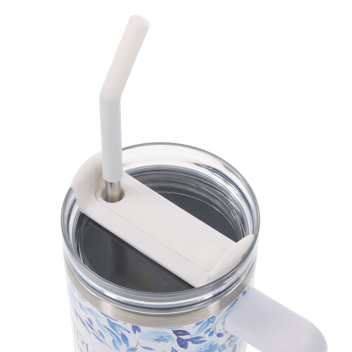 Trust in the Lord White and Blue Floral Large Stainless Steel Mug with Handle and Straw